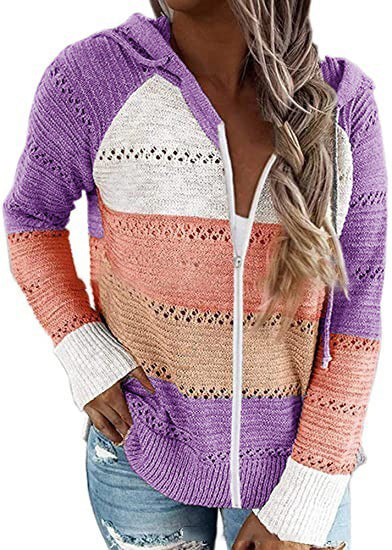 Farbblock-Cardigans mit Kapuze und Reißverschluss, Shift-Pullover m100447135