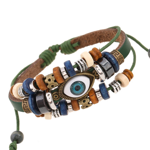 Beaded eyes cowhide bracelet with pull and adjust m1915010414