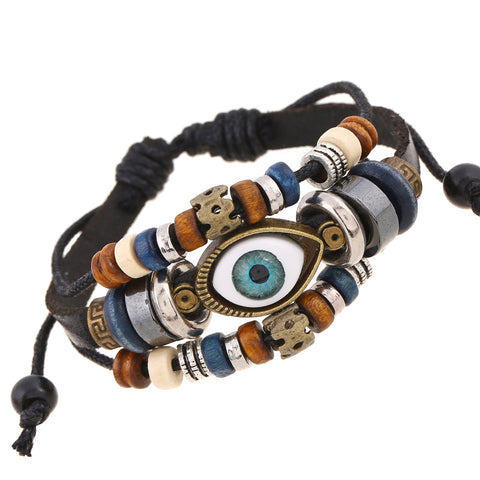 Beaded eyes cowhide bracelet with pull and adjust m1915010414