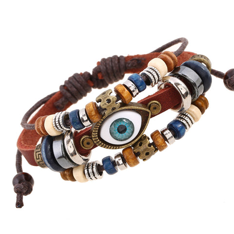 Beaded eyes cowhide bracelet with pull and adjust m1915010414