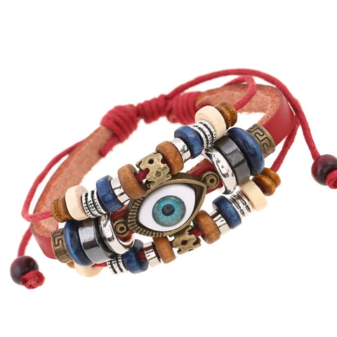 Beaded eyes cowhide bracelet with pull and adjust m1915010414