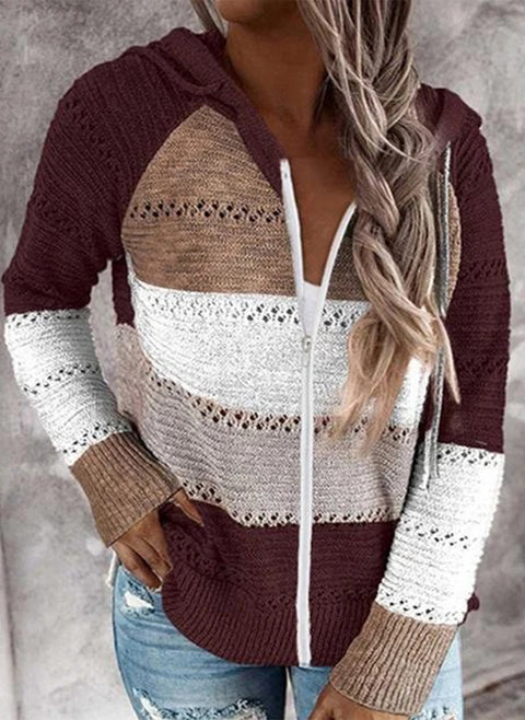 Farbblock-Cardigans mit Kapuze und Reißverschluss, Shift-Pullover m100447135