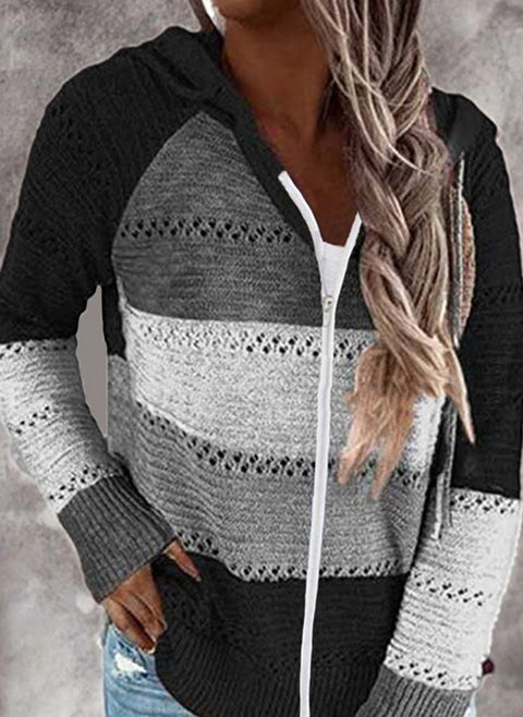 Farbblock-Cardigans mit Kapuze und Reißverschluss, Shift-Pullover m100447135
