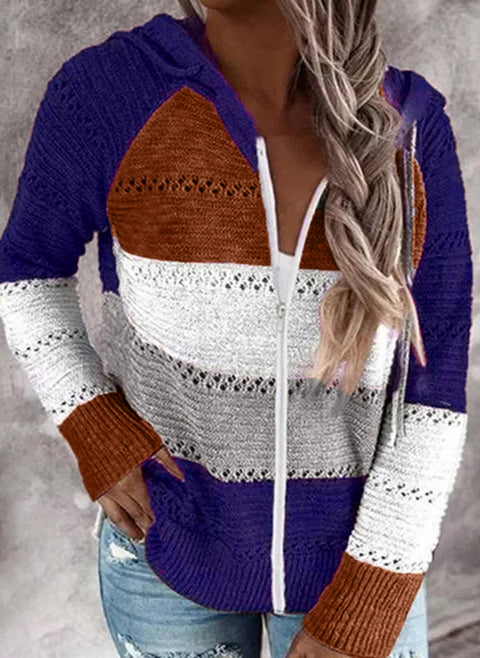 Farbblock-Cardigans mit Kapuze und Reißverschluss, Shift-Pullover m100447135