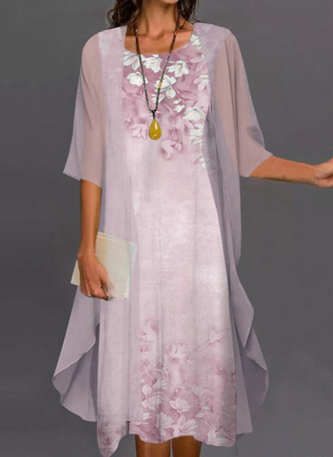 Geblümtes Midikleid in A-Linie mit rundem Ausschnitt und halben Ärmeln m161505919