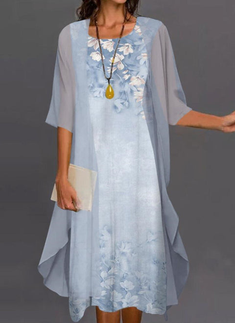 Geblümtes Midikleid in A-Linie mit rundem Ausschnitt und halben Ärmeln m161505919