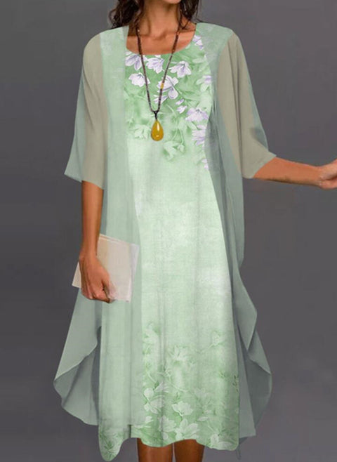 Geblümtes Midikleid in A-Linie mit rundem Ausschnitt und halben Ärmeln m161505919