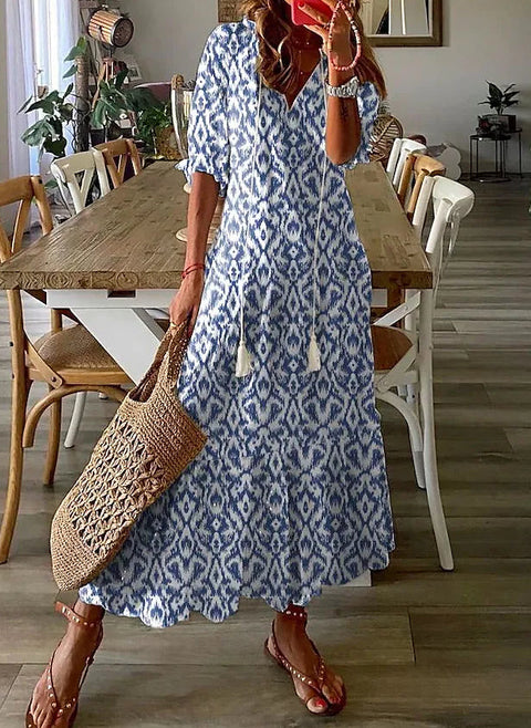 Blumen-V-Ausschnitt, kurzärmliges Maxi-A-Linien-Kleid