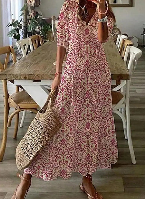 Maxi-A-Linien-Kleid mit Blumen-V-Ausschnitt und halben Ärmeln