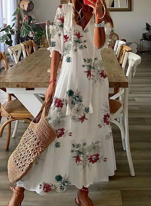 Maxi-A-Linien-Kleid mit Blumen-V-Ausschnitt und halben Ärmeln