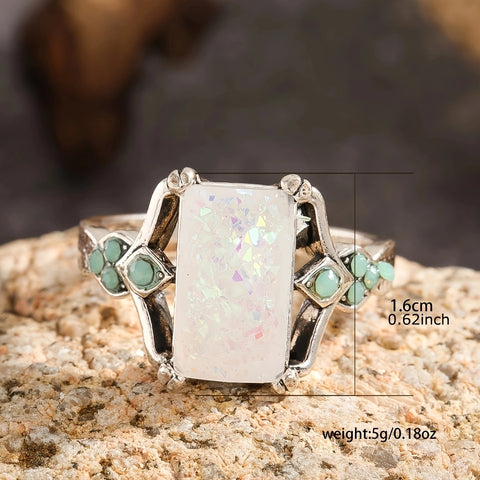 Square White Opal Ancient Silver Ring M1915010505