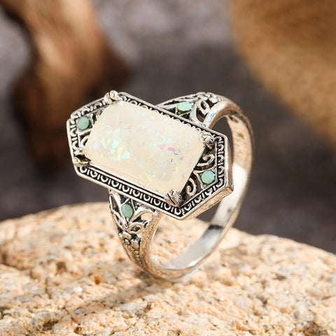 Square White Opal Ancient Silver Ring M1915010505