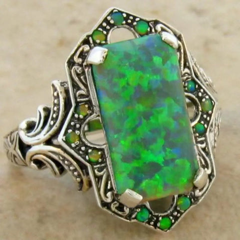 Square White Opal Ancient Silver Ring M1915010505