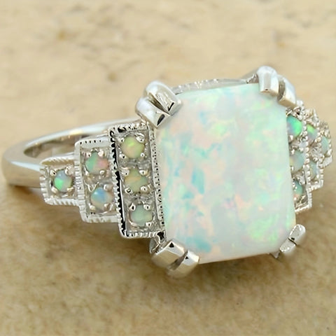 Square White Opal Ancient Silver Ring M1915010505