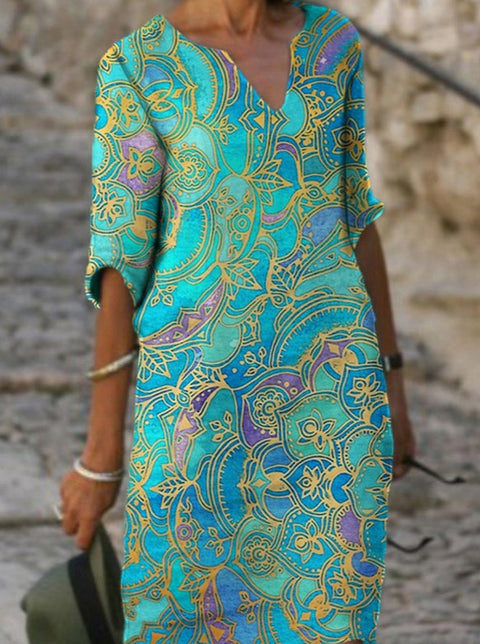 Floral Tunika V-Ausschnitt über dem Knie A-Linien-Kleid