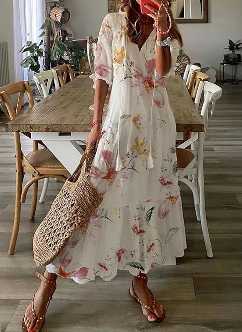 Geblümtes Midikleid in A-Linie mit V-Ausschnitt und halblangen Ärmeln m161507354