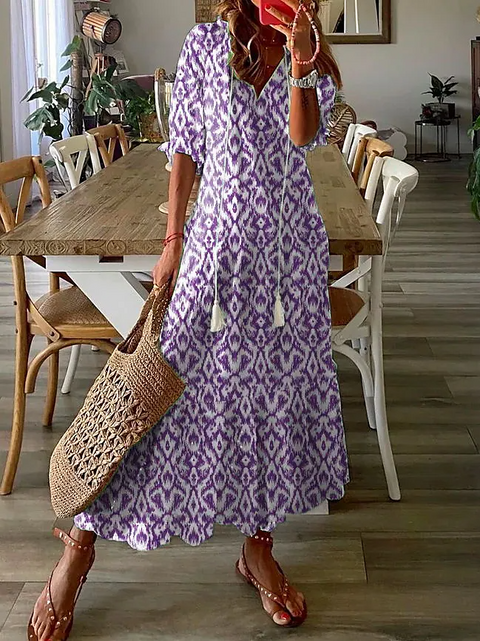 Geblümtes Midikleid in A-Linie mit V-Ausschnitt und halblangen Ärmeln m161507354