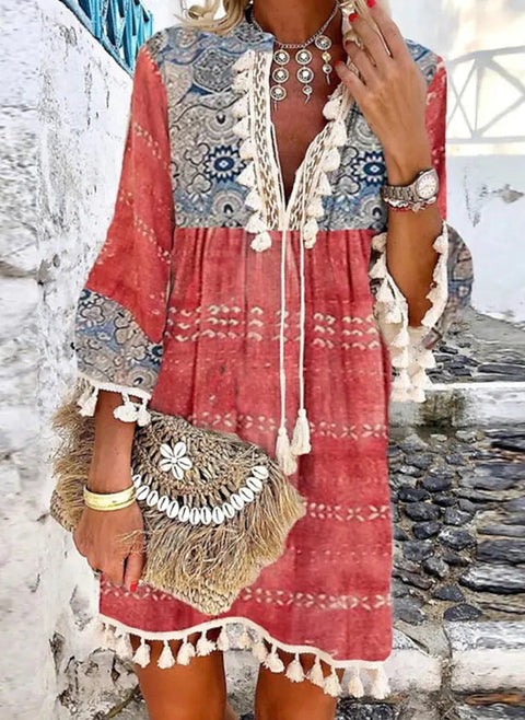 Floral V Neckline 3/4 Sleeves Above Knee A line Dress m161507357