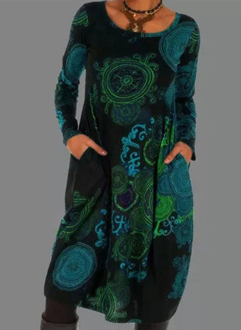 Geometric Round Neckline Long Sleeve Knee Length O Dress m161512120
