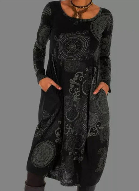 Geometric Round Neckline Long Sleeve Knee Length O Dress m161512120