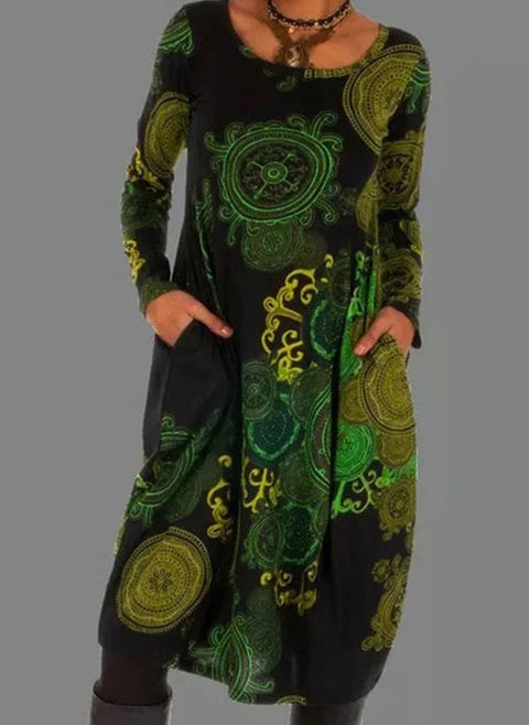 Geometric Round Neckline Long Sleeve Knee Length O Dress m161512120