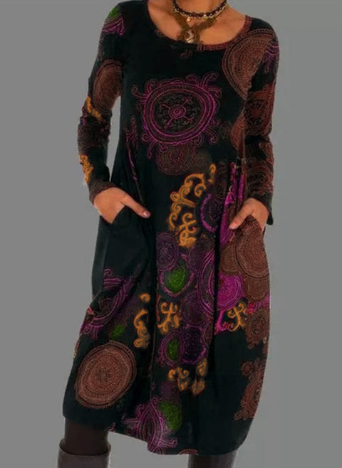 Geometric Round Neckline Long Sleeve Knee Length O Dress m161512120