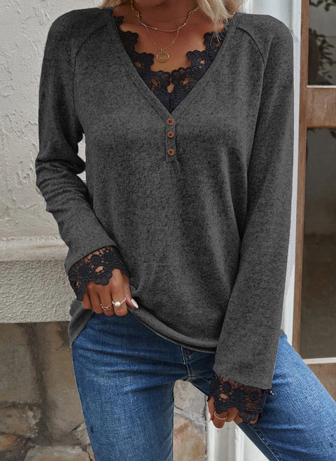 Einfarbiger Pullover mit V-Ausschnitt, Spitzenknöpfen, Etui-Pullover m161512584